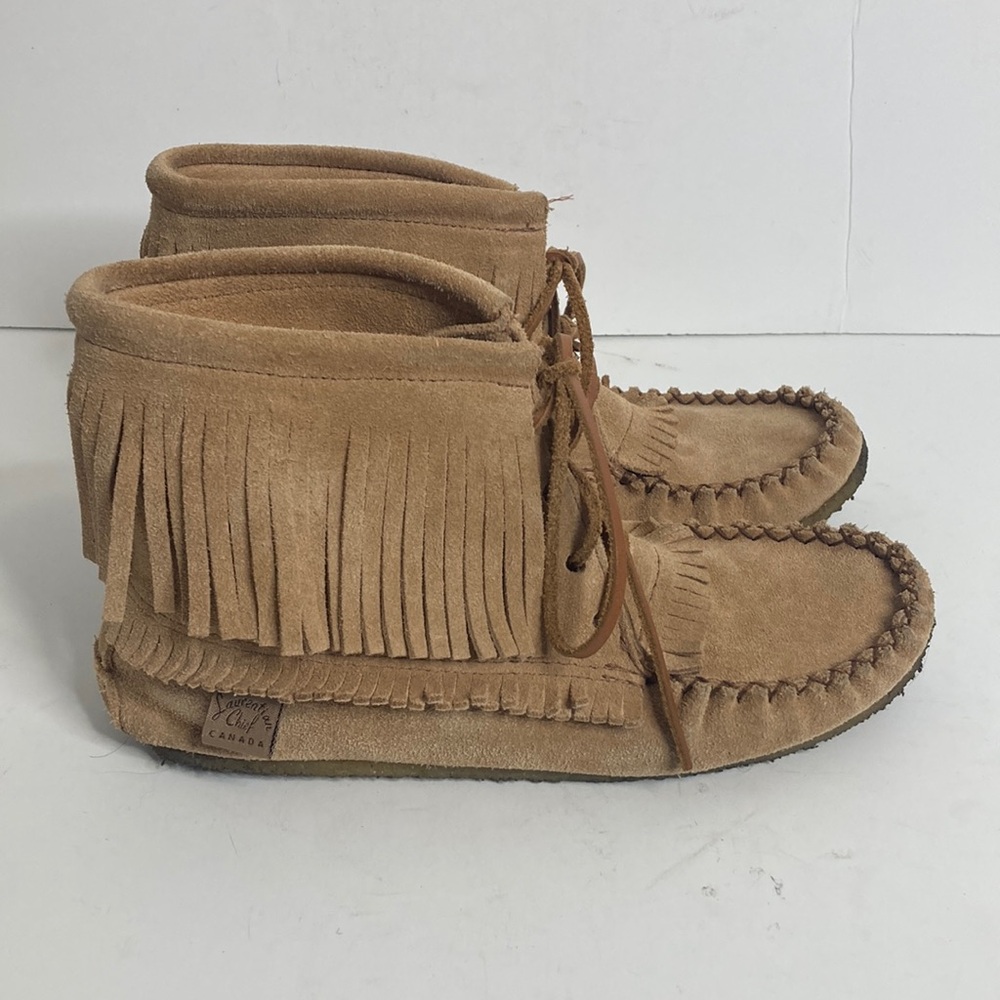 Laurentian Chief Booties Womens 6 Tan Beige Suede Fringe Moccasin Shoes Canada